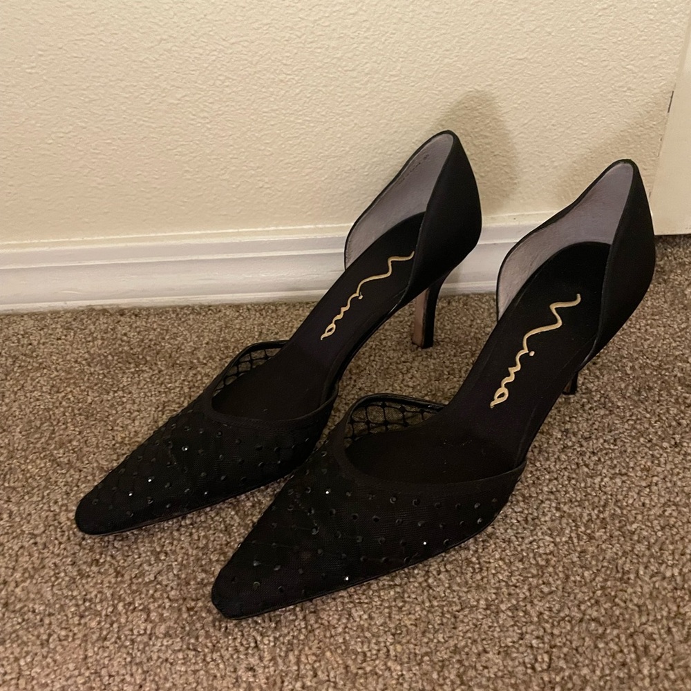 Nina Black Rhinestone Mesh D’Orsay Heels size 8